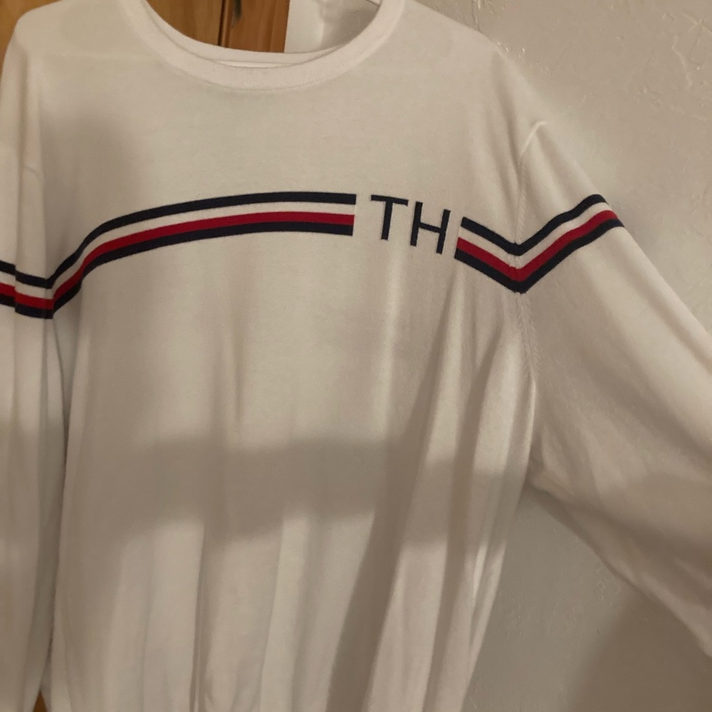 Tommy Hilfiger Men's White Sweater with Red and Blue Stripes